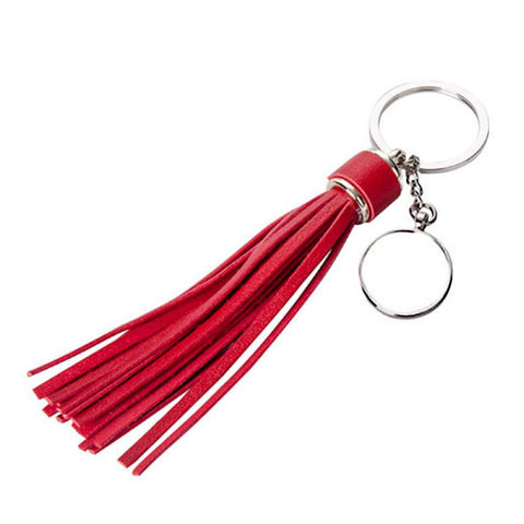 Metal & PU Keyring - ROUND - Long Tassel - Red