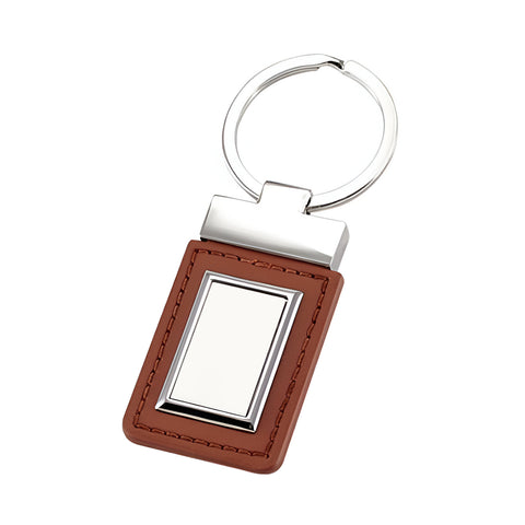 Metal & PU Keyring - Rectangle Tag - Brown