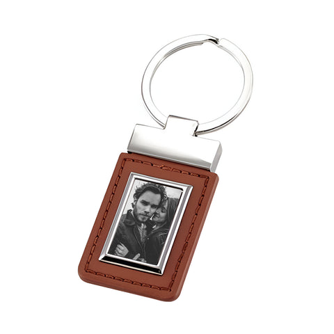 Metal & PU Keyring - Rectangle Tag - Brown