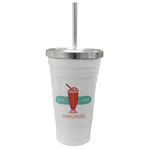 16oz Stainless Steel Tumbler with Straw - White