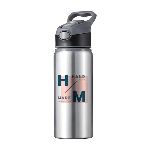 650ml Silver Aluminium Water Bottle with Coloured Lid - Black