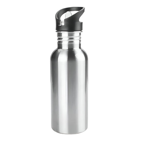 600ml Silver Aluminium Water Bottle with Integrated Straw