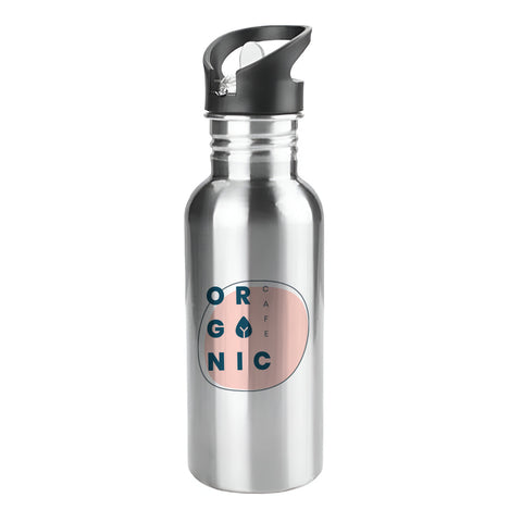 600ml Silver Aluminium Water Bottle with Integrated Straw